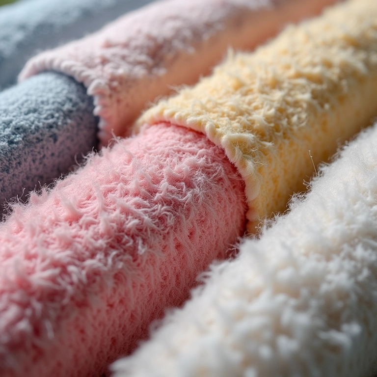 Close-up de diversos tecidos, incluindo algodão, flanela e fleece.