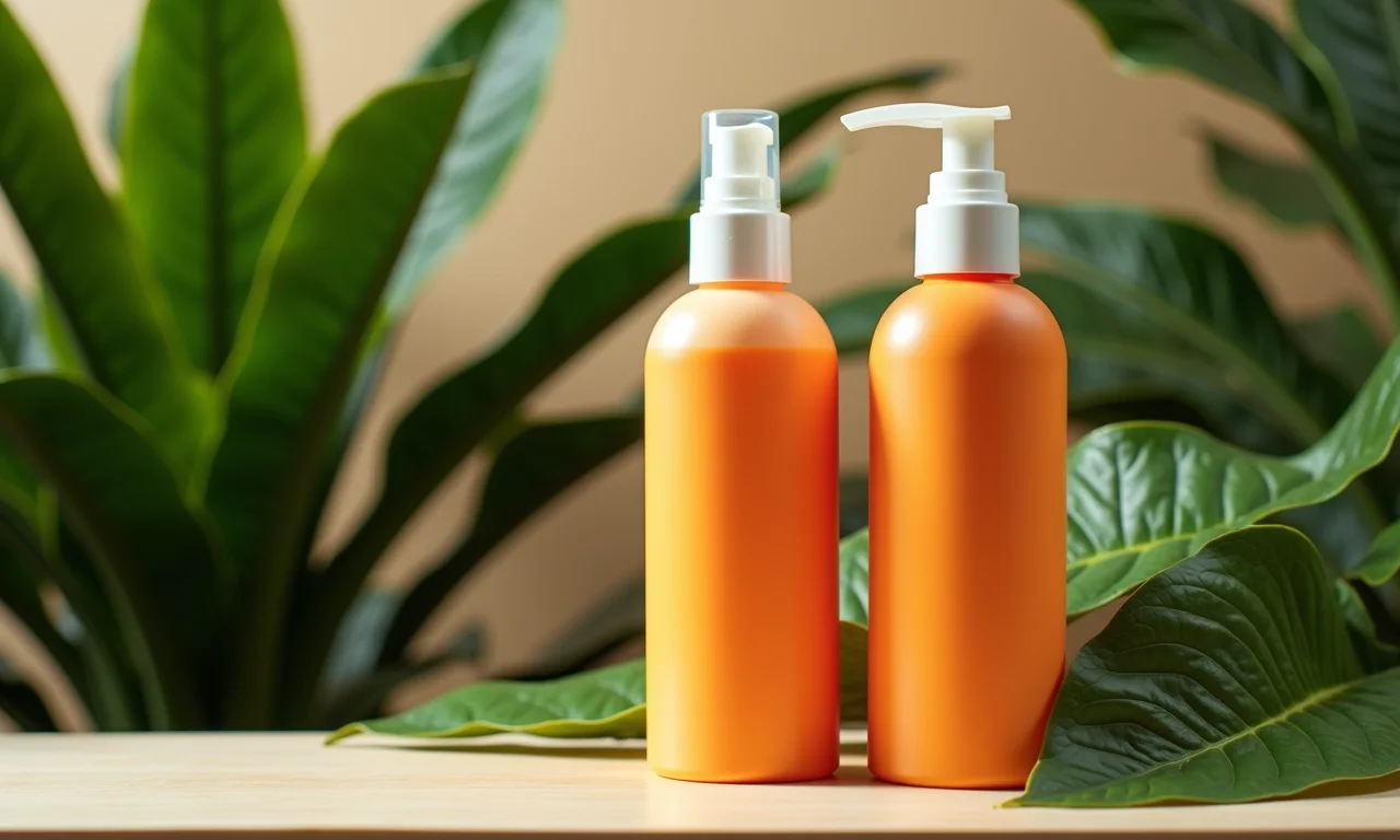 Close-up de frascos de protetor térmico com plantas brasileiras ao fundo.