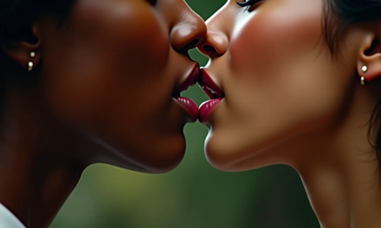 Close-up de lábios se beijando apaixonadamente.