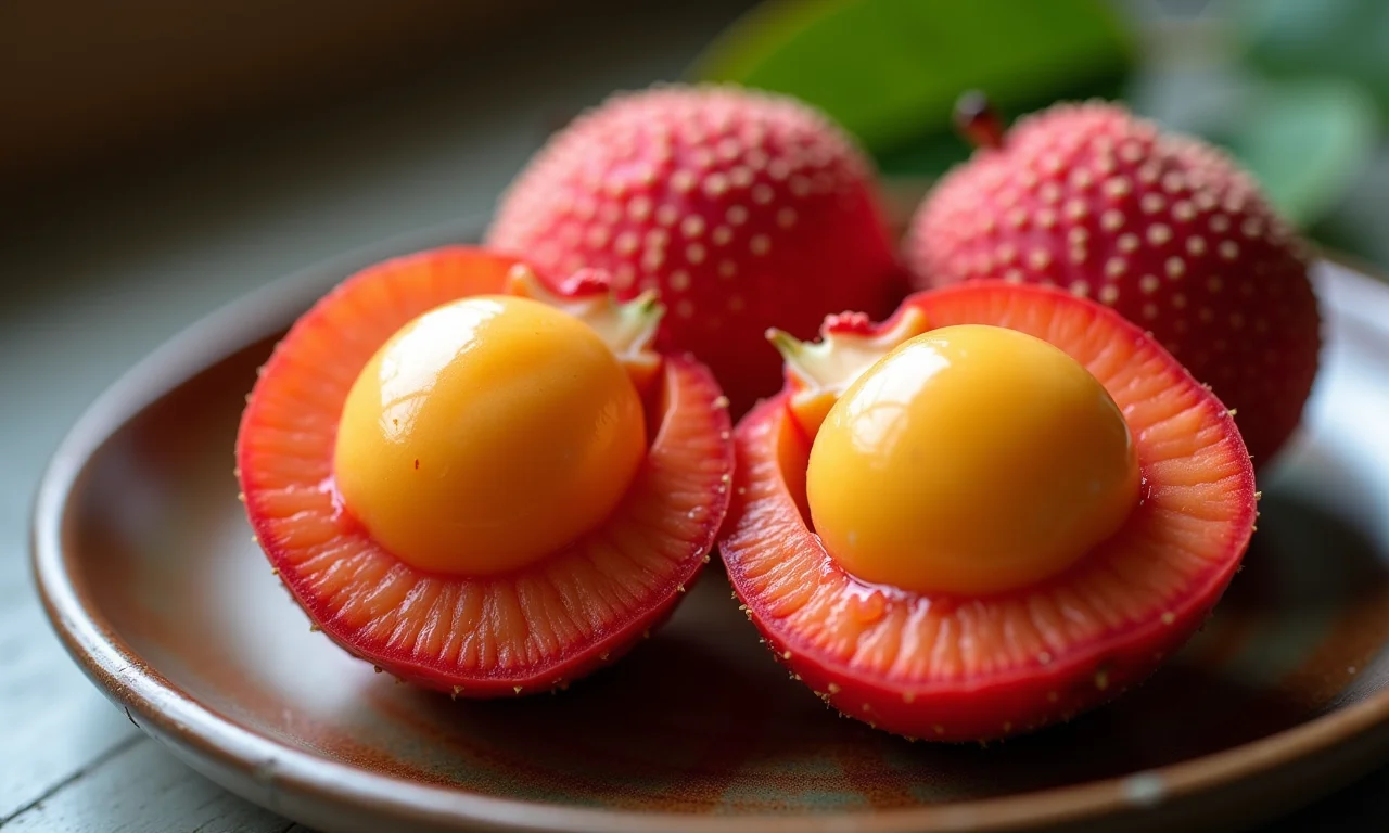 Close-up de lichias frescas cortadas ao meio, revelando a polpa suculenta e convidativa.