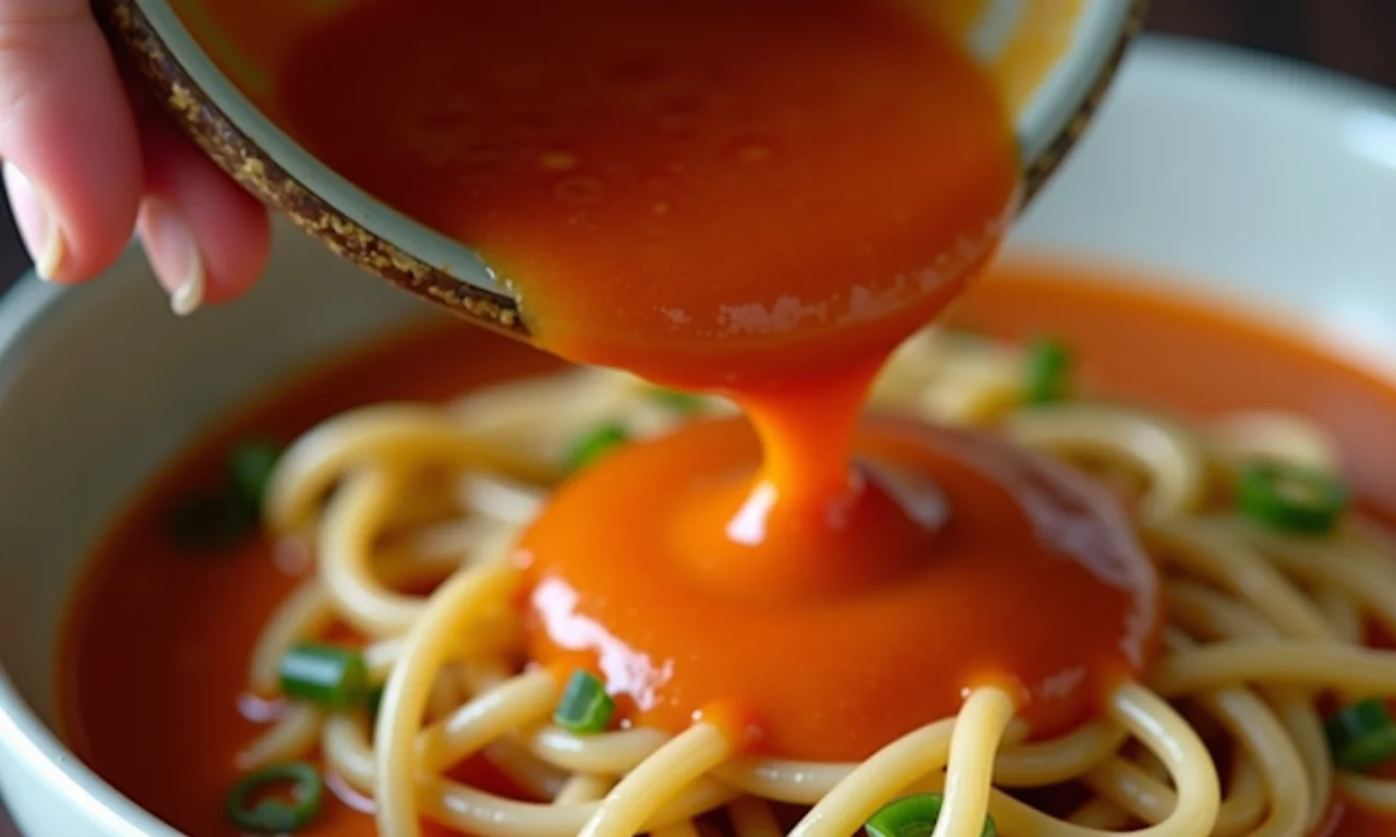 Close-up de mão derramando molho caseiro de Pad Thai em uma tigela.