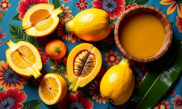 Close-up de sapotis frescos e polpa em um bowl de madeira, destacando a textura da fruta.
