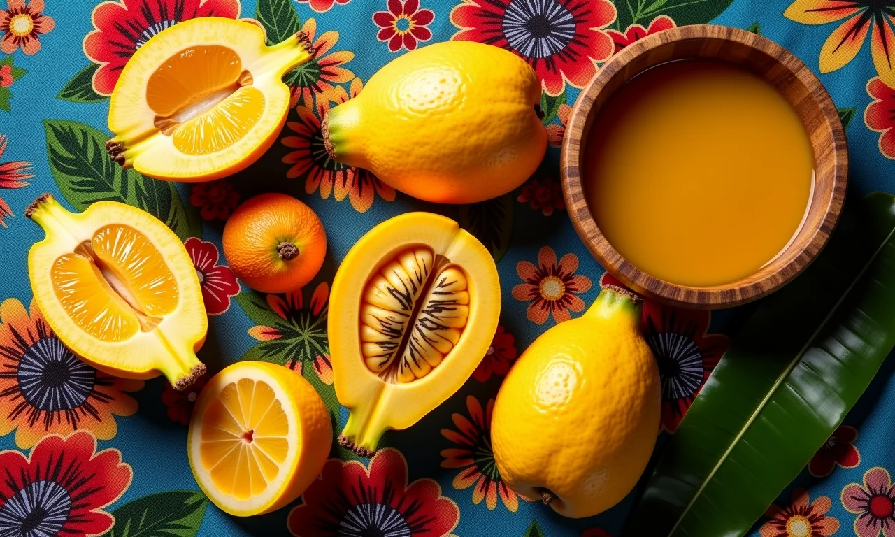 Close-up de sapotis frescos e polpa em um bowl de madeira, destacando a textura da fruta.