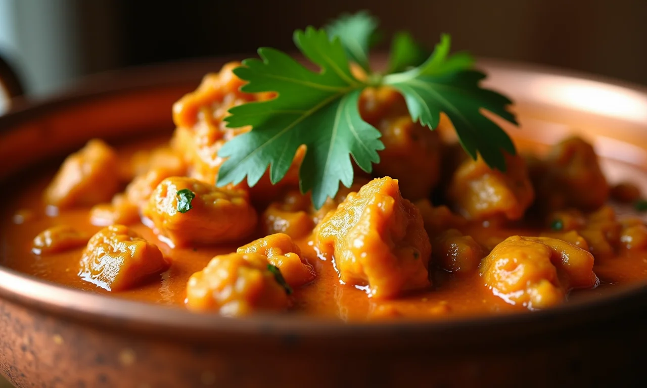 Close-up de um delicioso Curry de Frango Tikka Masala com coentro, servido em uma tigela de cobre.