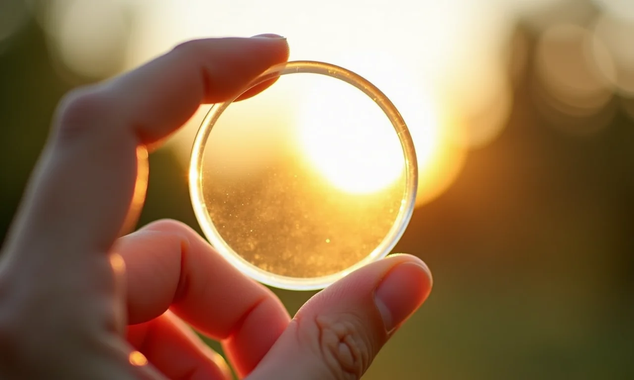 Close-up de uma mão segurando uma folha de filtro UV, com a luz do sol filtrando.
