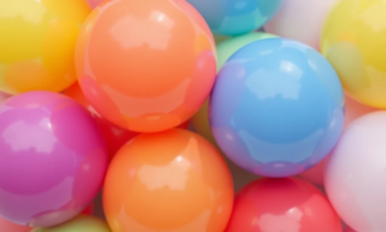 Close-up de vários balões redondos em diferentes cores e tamanhos.