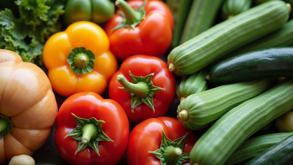 Seleção de legumes frescos e coloridos para cozinhar a vapor.