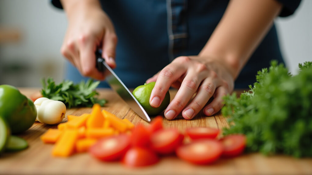 Preparando legumes frescos para cozinhar no vapor.