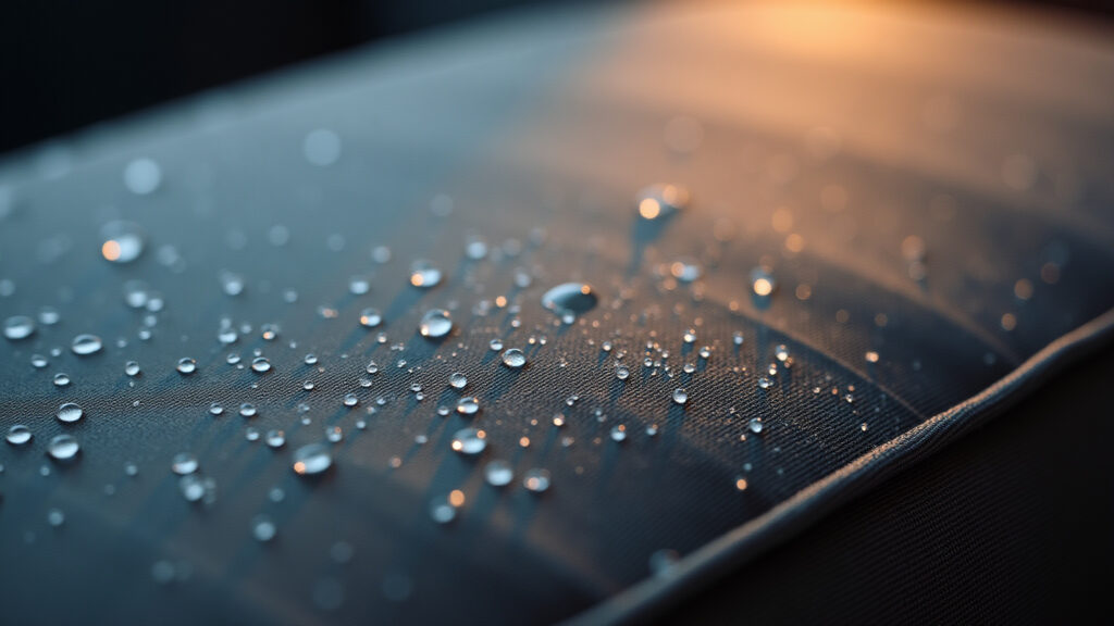 Close-up of sofa fabric, water droplets beading on the surface, showcasing water resistance, 8k, Tecido impermeabilizado repelindo água.