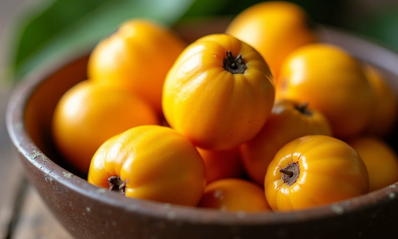Close-up vibrante de pitangas maduras, destacando sua textura e cor.