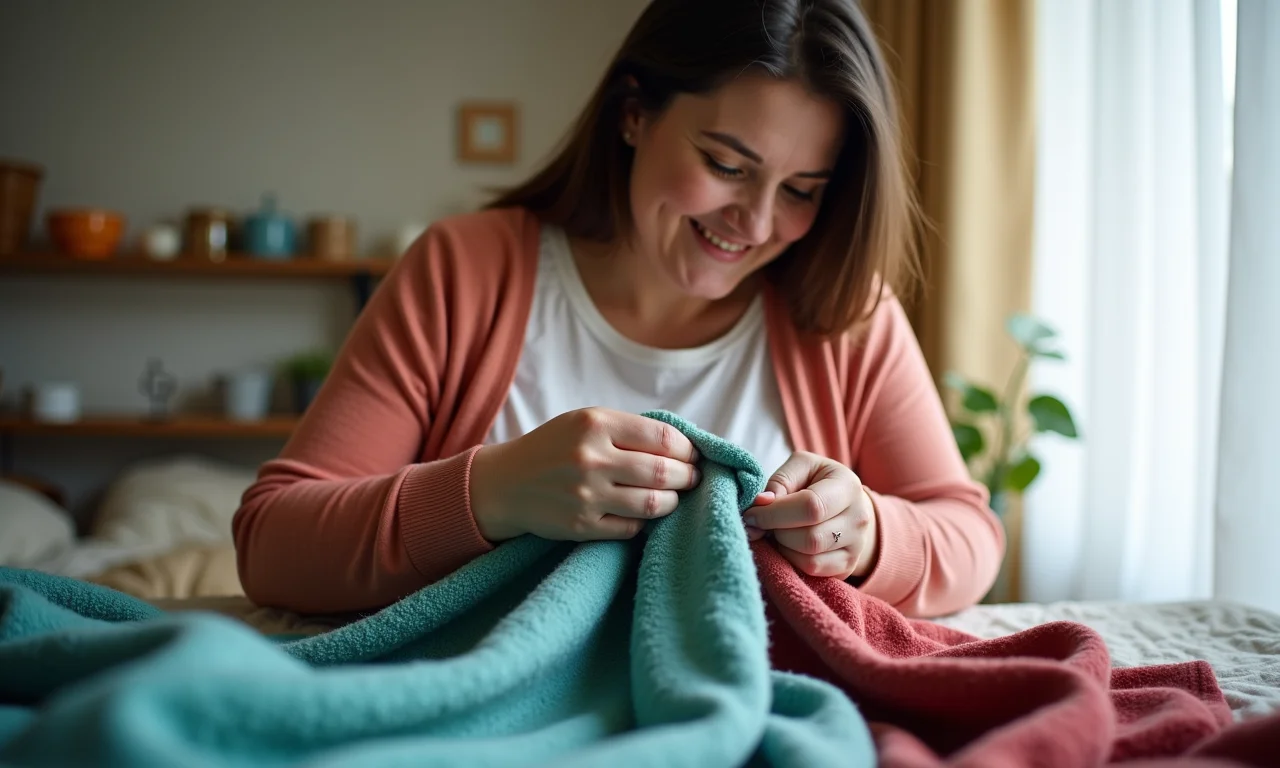 Cobertor com mangas feito com dois tecidos diferentes, criando um contraste visual.