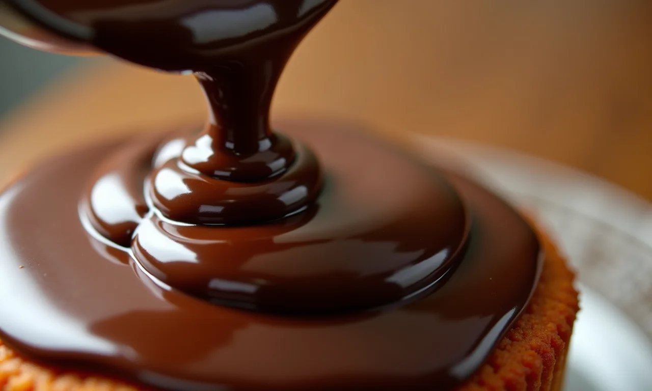Cobertura de chocolate cremosa sendo despejada sobre o bolo de cenoura.