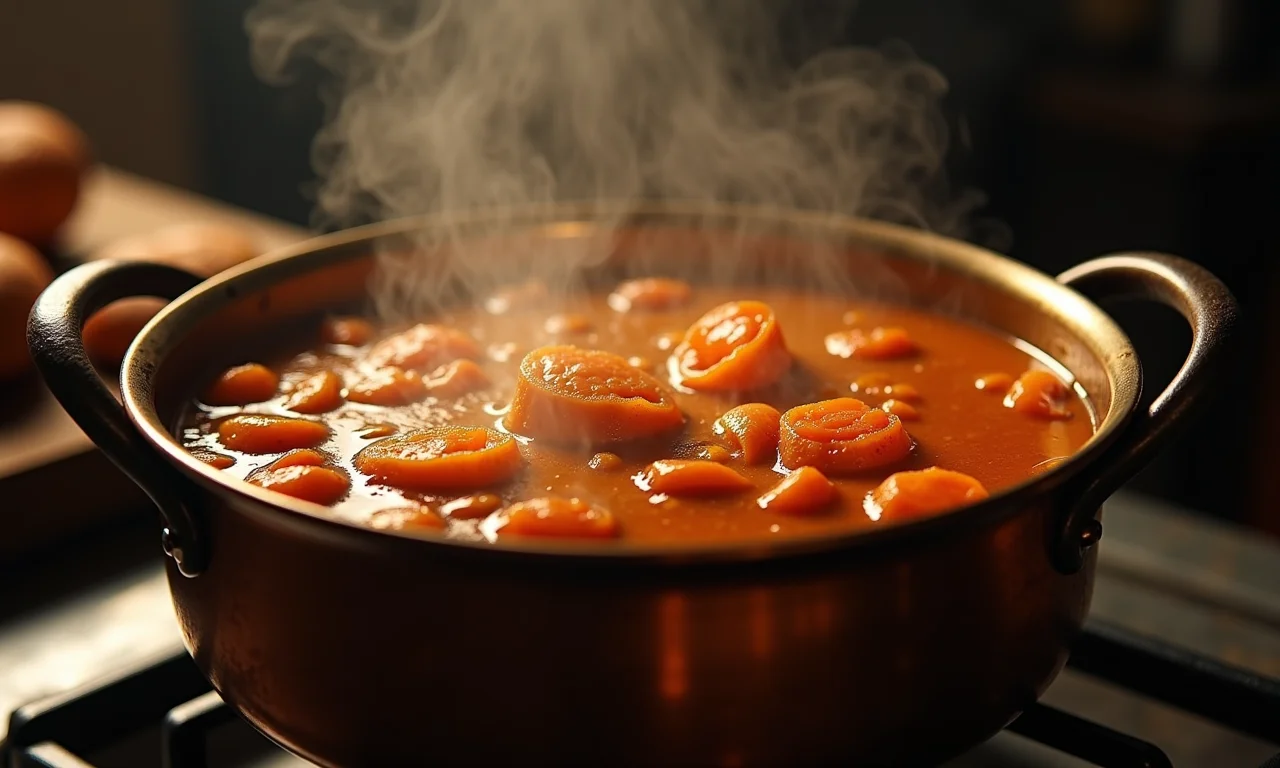 Cocada cozinhando em panela de cobre, atingindo a cor dourada.