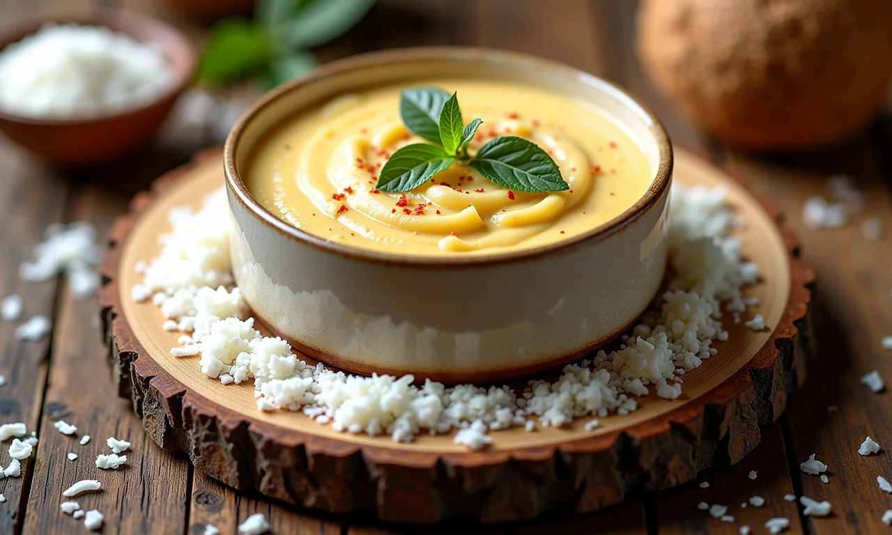 Cocada cremosa tradicional em tábua de madeira rústica.