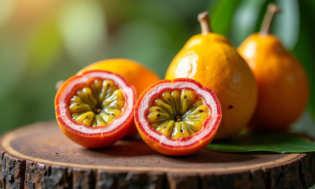 Cocada de maracujá com sementes da fruta, cores vibrantes.