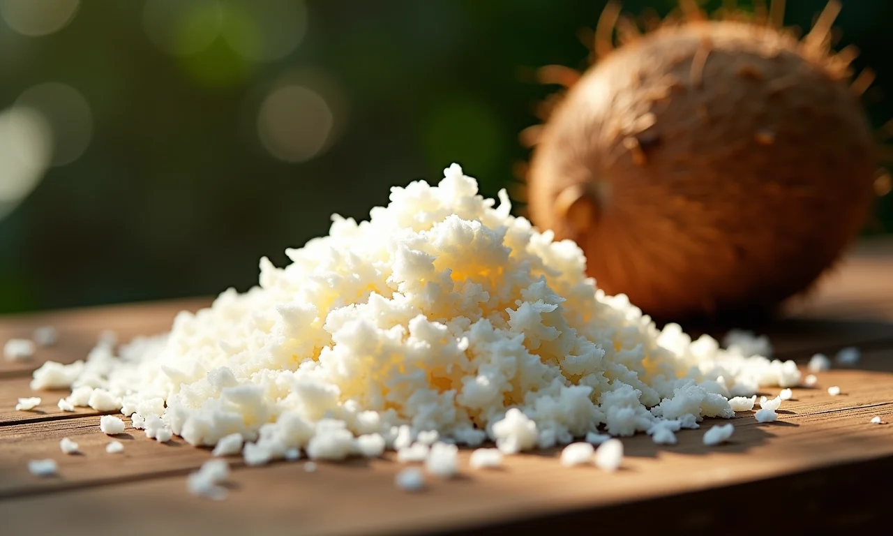 Coco fresco ralado sobre mesa de madeira rústica.