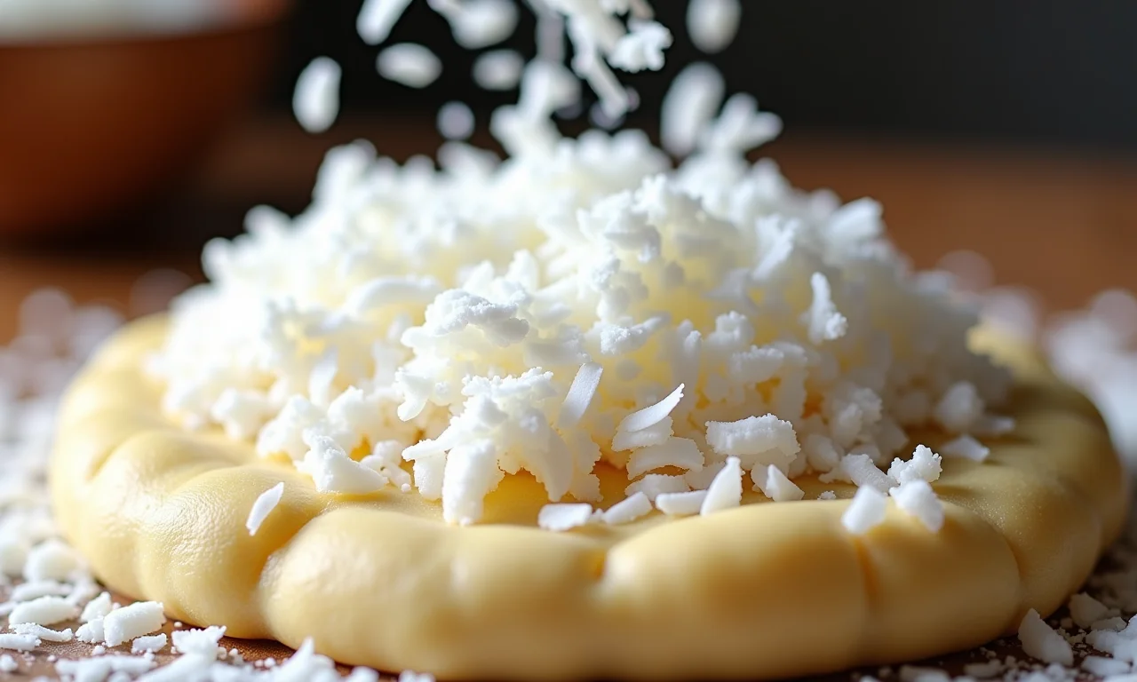 Coco ralado sendo adicionado à massa para um sequilho tropical e saboroso.