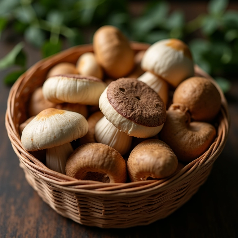 Cogumelos frescos variados em uma cesta.