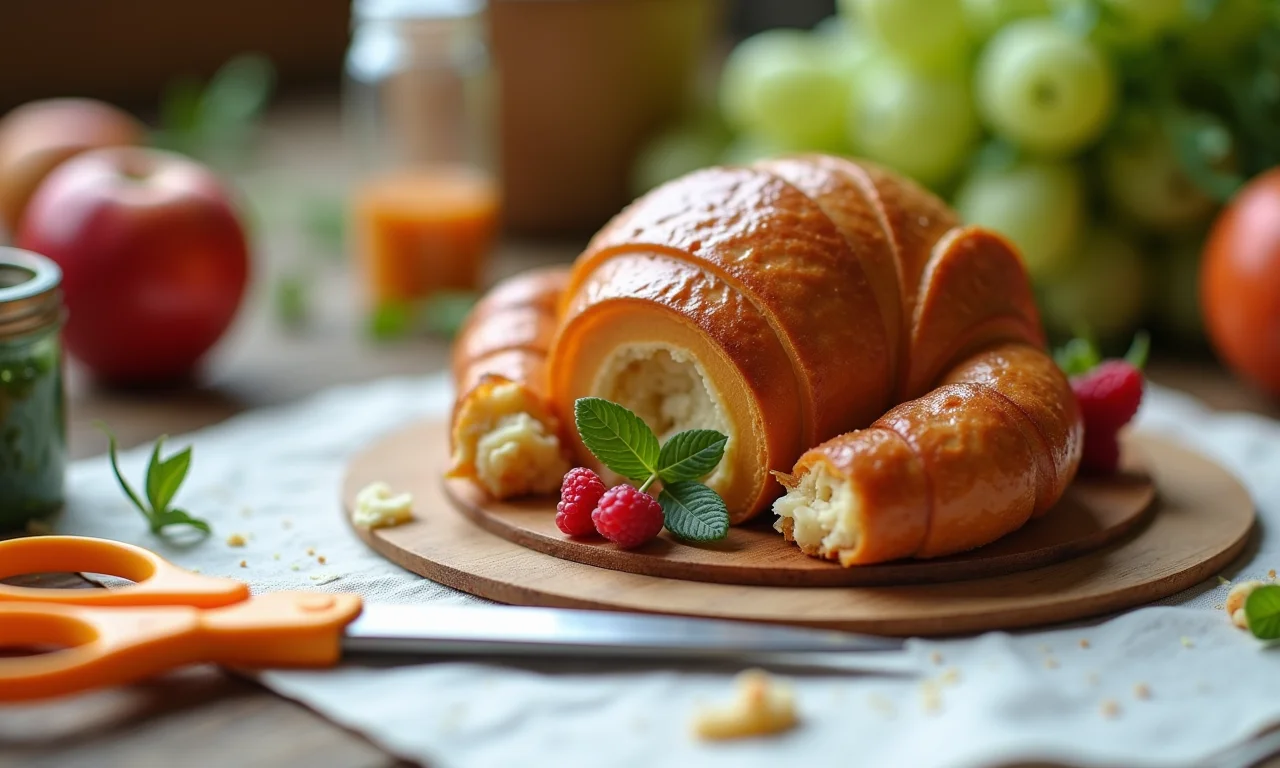 Cola e tesoura ao lado de um centro de mesa em construção.