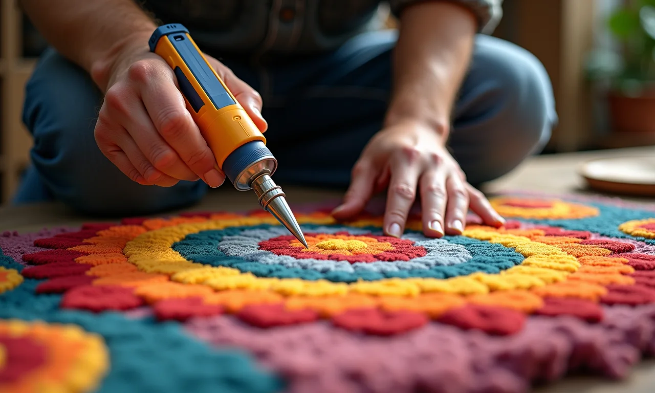 Cola quente sendo aplicada em tapete de pelúcia