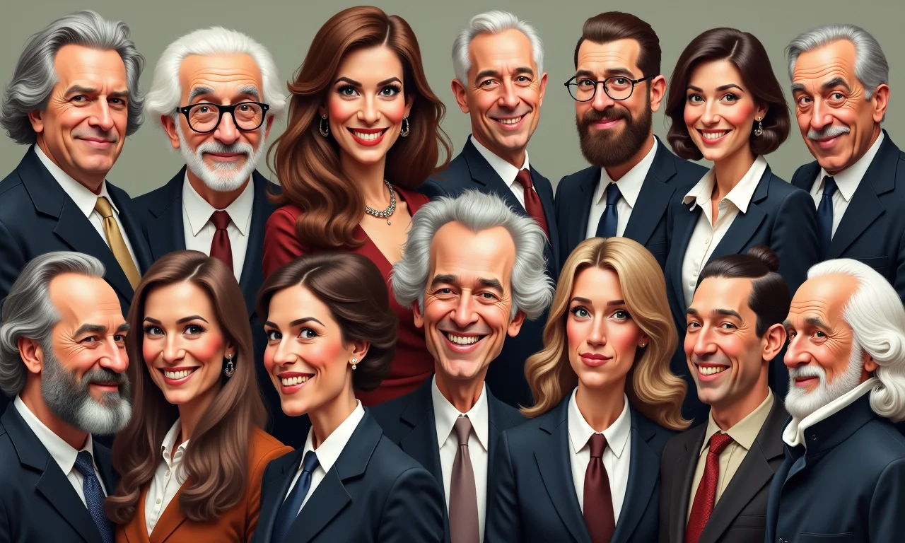 Colagem de caricaturas famosas como inspiração.