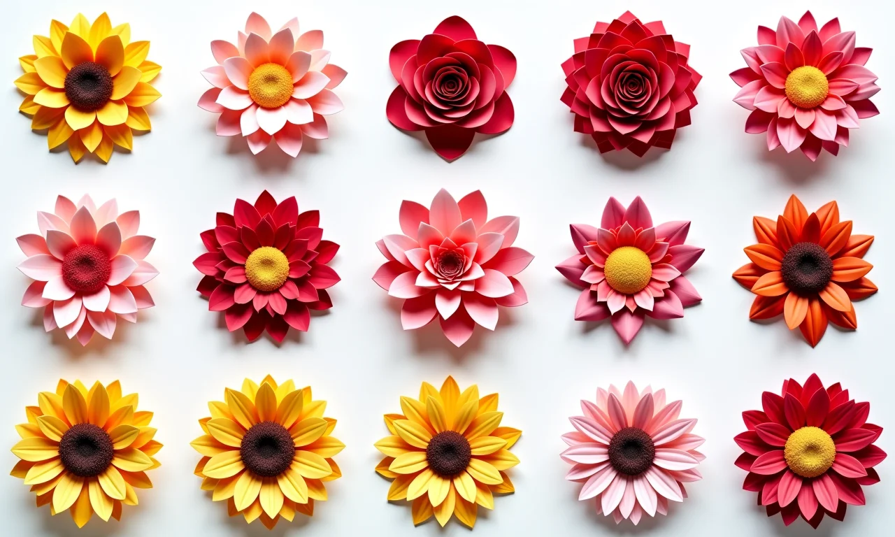 Colagem de diversos designs de flores de EVA: rosas, girassóis, margaridas.