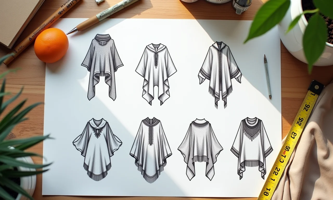 Colagem de moldes e ferramentas para criar um poncho de tecido.