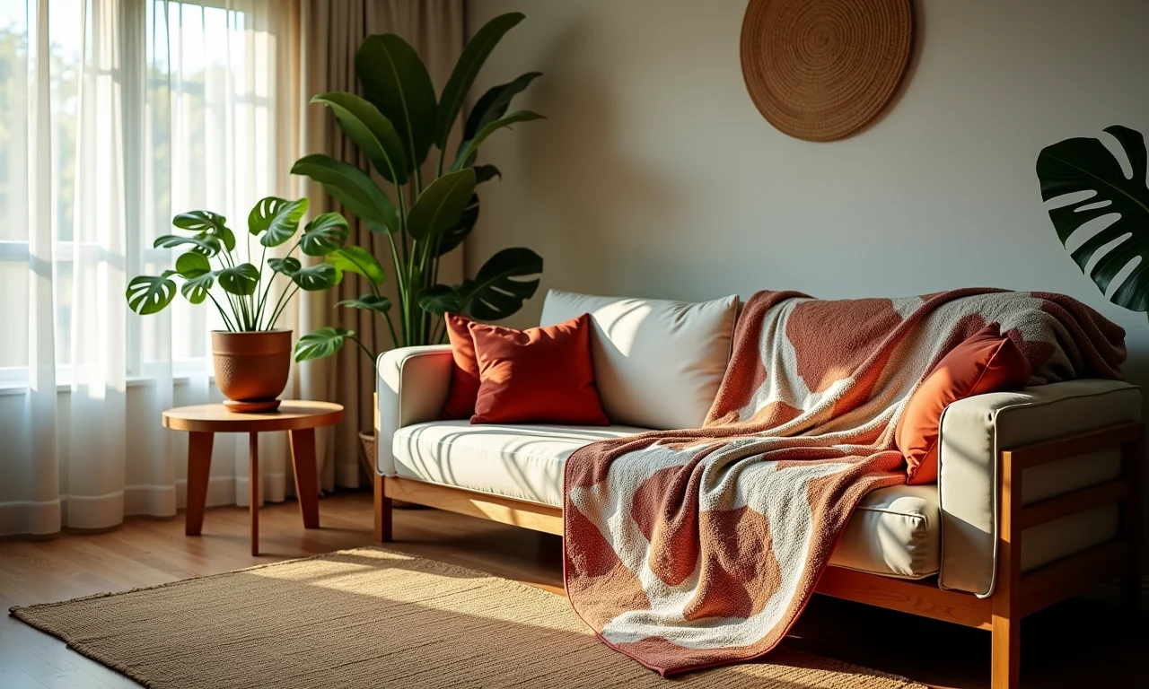 Colcha artesanal em sofá de sala aconchegante.