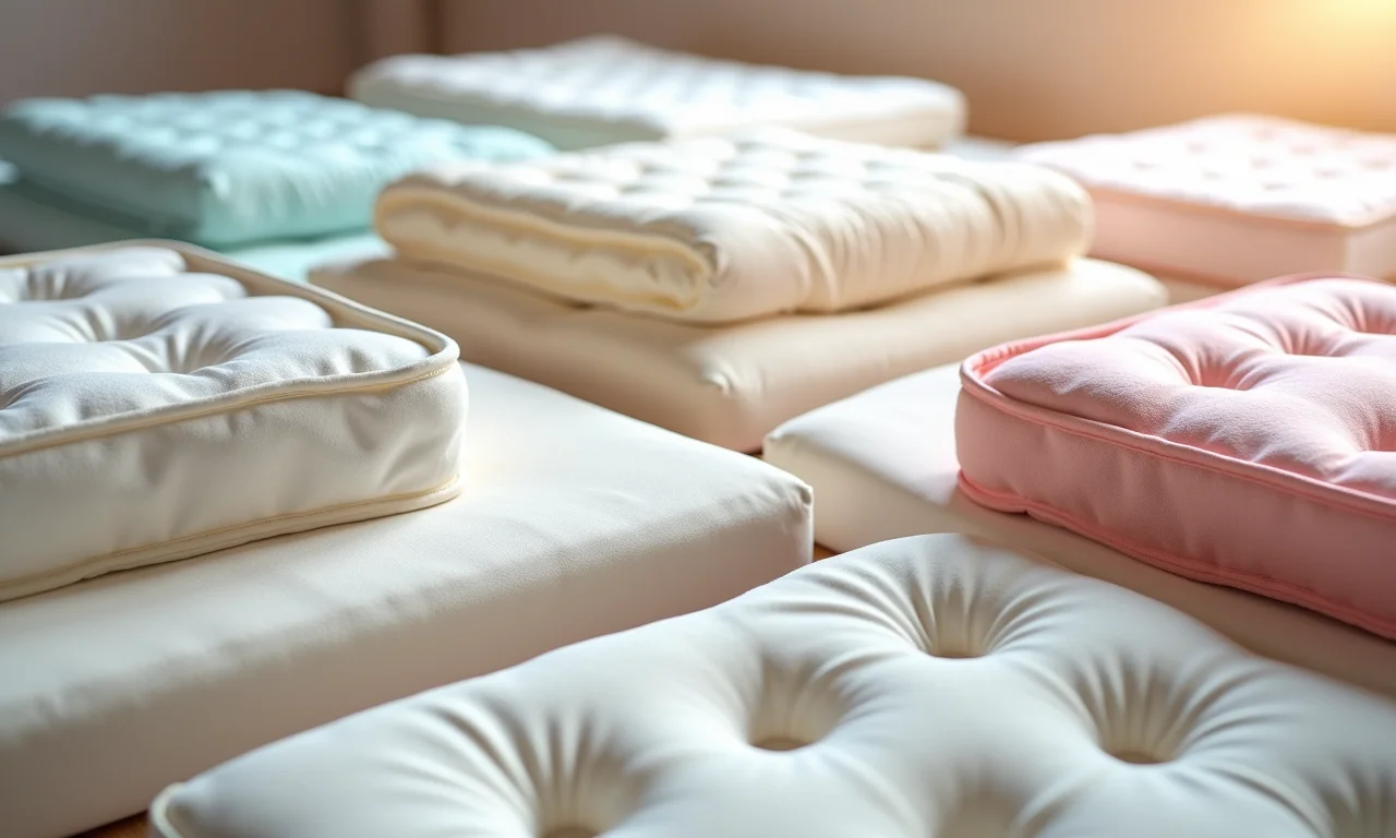 Colchões infantis diferentes, mostrando materiais e níveis de conforto.