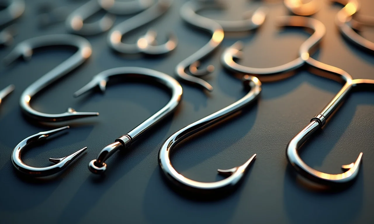 Coleção de anzóis de pesca de diferentes tamanhos e formatos.