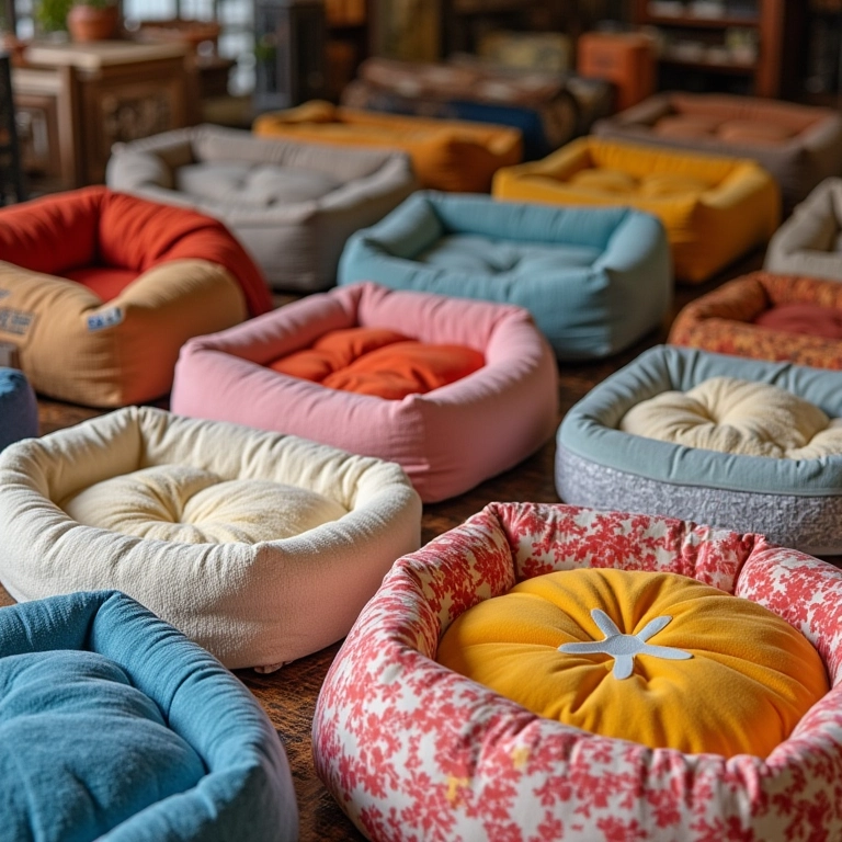 Coleção de caminhas de cachorro criativas com designs e padrões únicos.