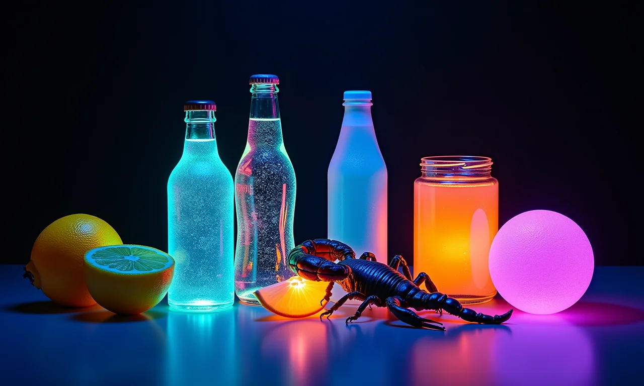 Coleção de objetos brilhantes sob luz negra: caneta marca-texto, água tônica, escorpiões.