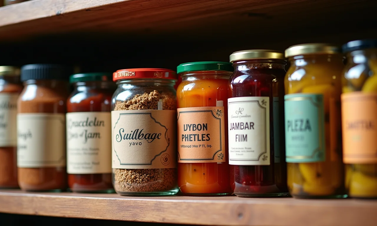Coleção de potes com etiquetas diversas: especiarias, geleia caseira, picles.