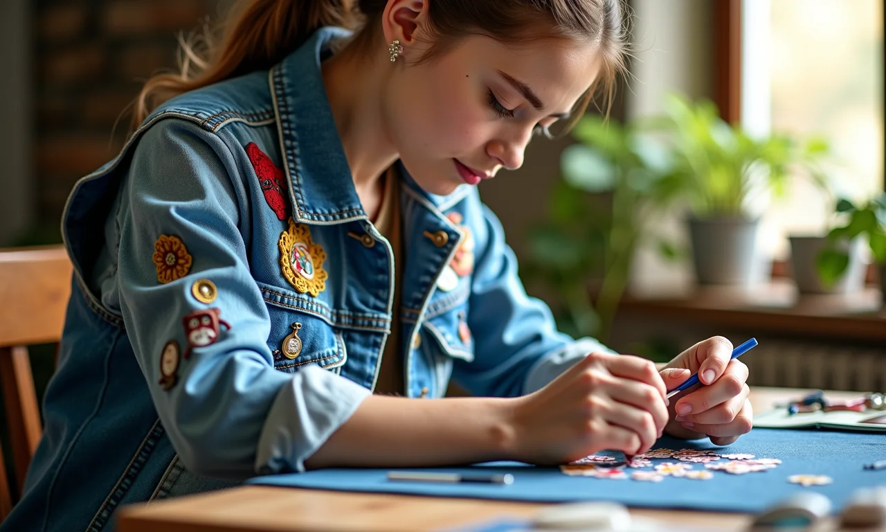 Colete jeans customizado com patches e bottons.