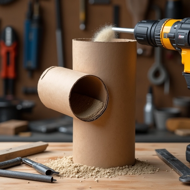 Coletor de pó feito com tubo de papelão acoplado à furadeira em oficina.