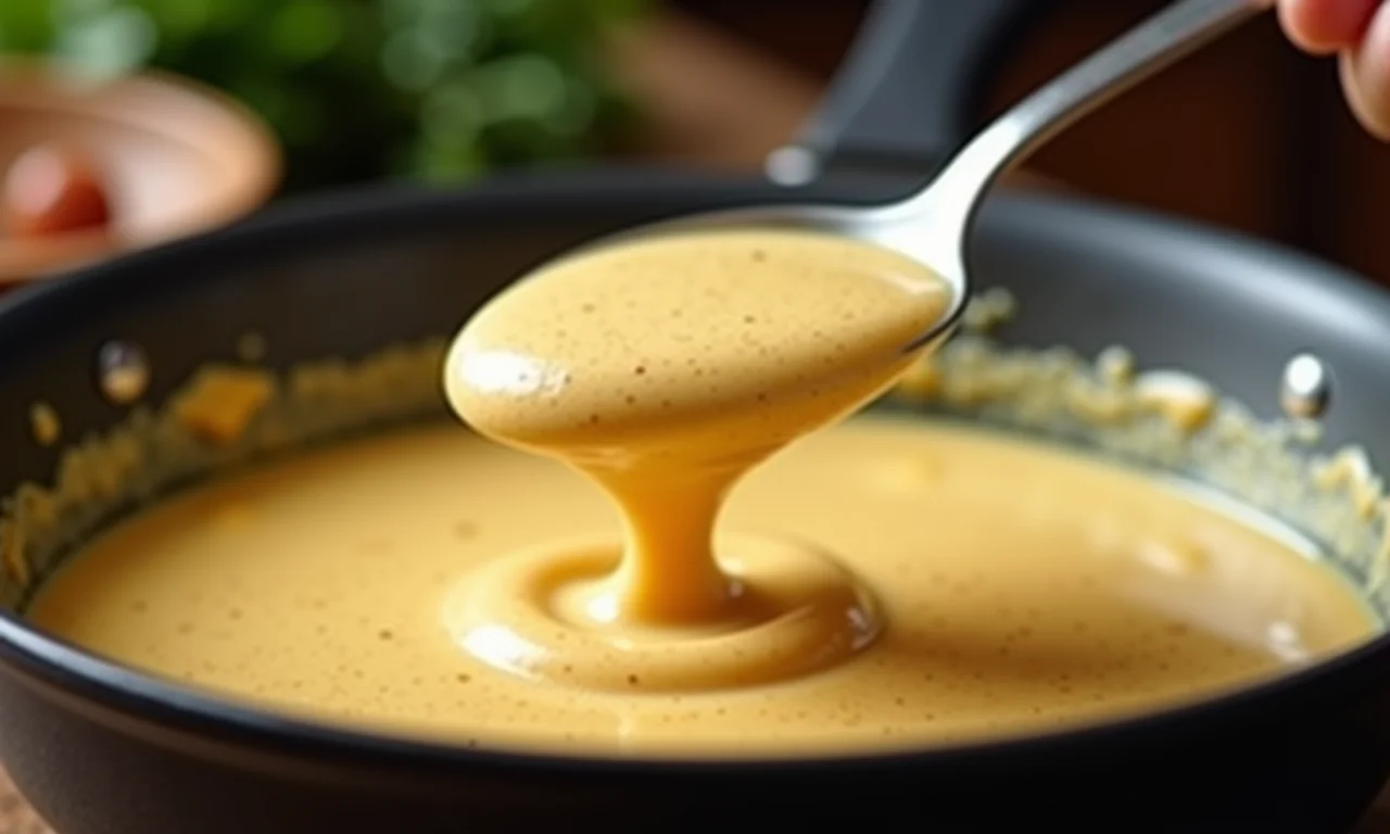 Colher levantando cocada cremosa da panela, mostrando a textura.