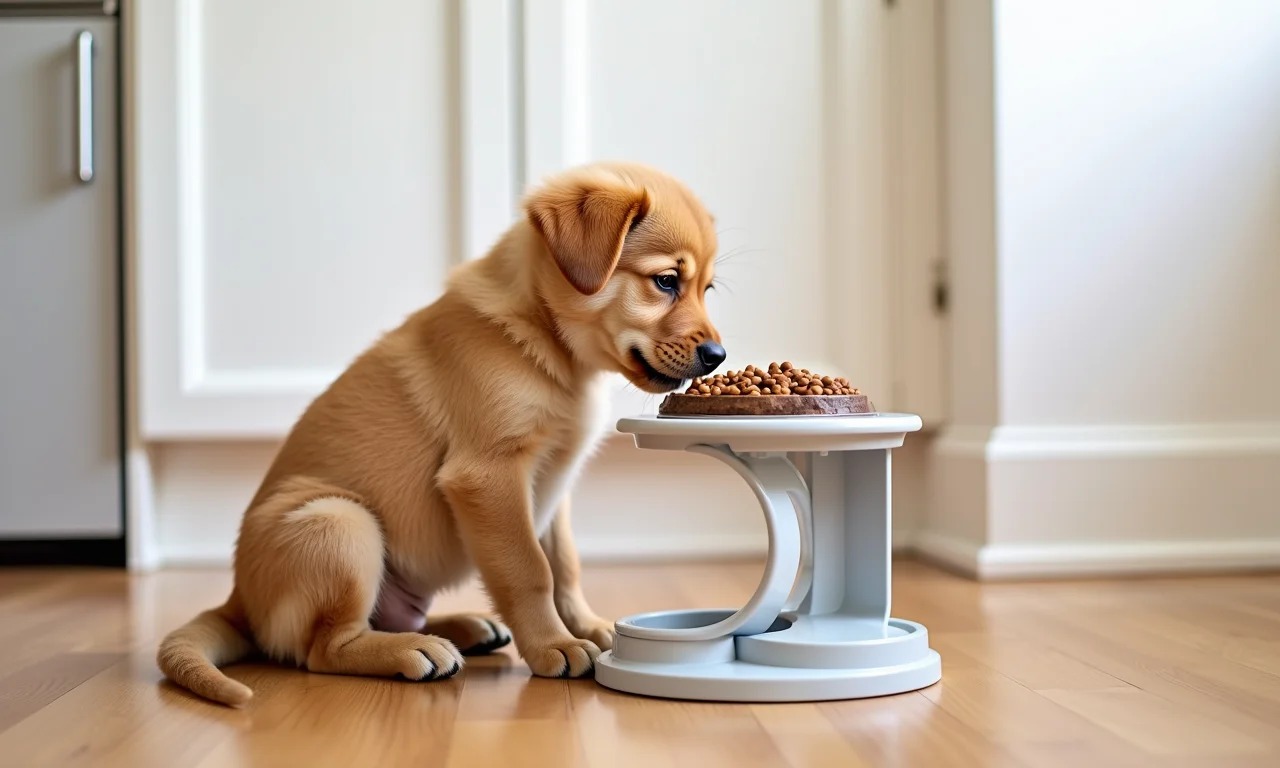 Comedouro elevado ajustável para filhotes em crescimento.