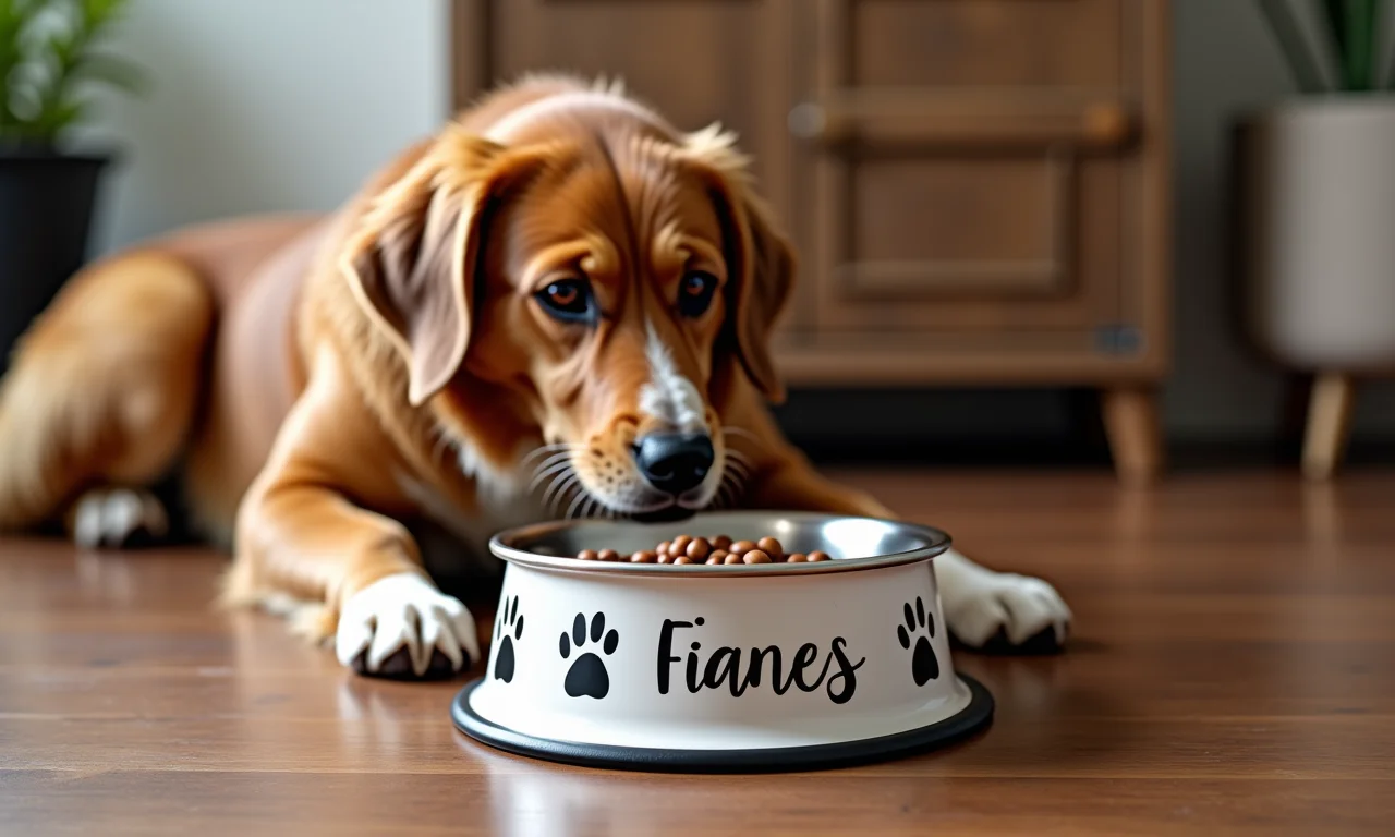 Comedouro personalizado com o nome e a patinha do cachorro.