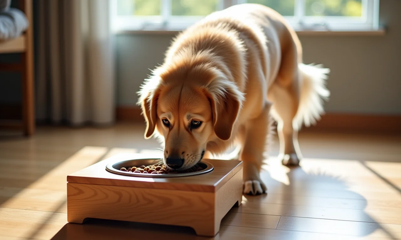 Comedouro suspenso de madeira para cão de grande porte.