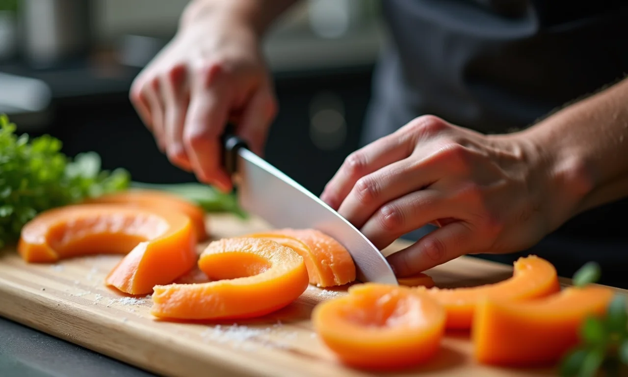 Como preparar mangarito: mãos descascando e fatiando.