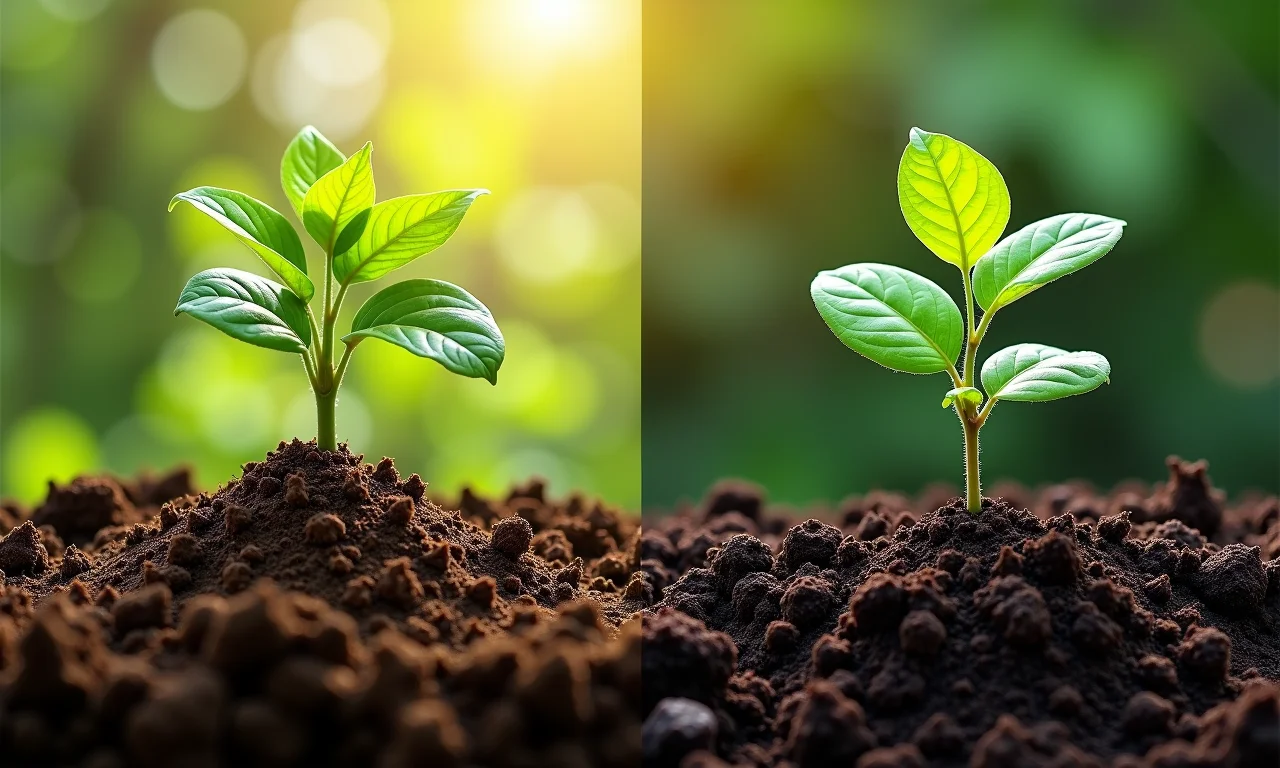 Comparação entre adubo orgânico e adubo químico.