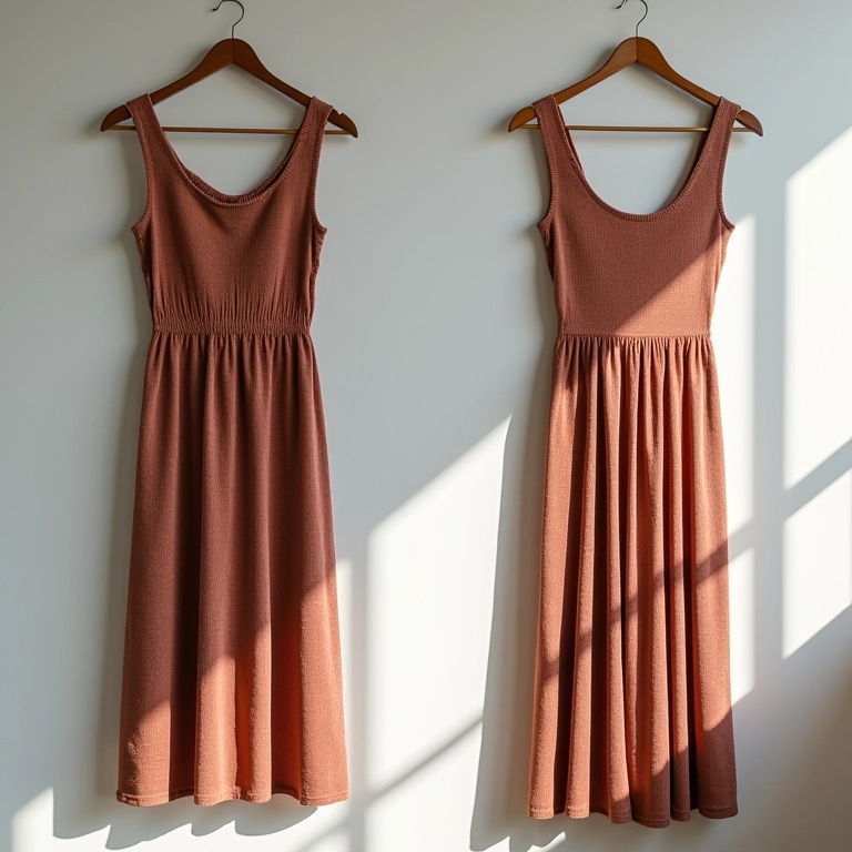 Comparação entre um vestido de tricô esticado e um novo, mostrando como evitar que estique.