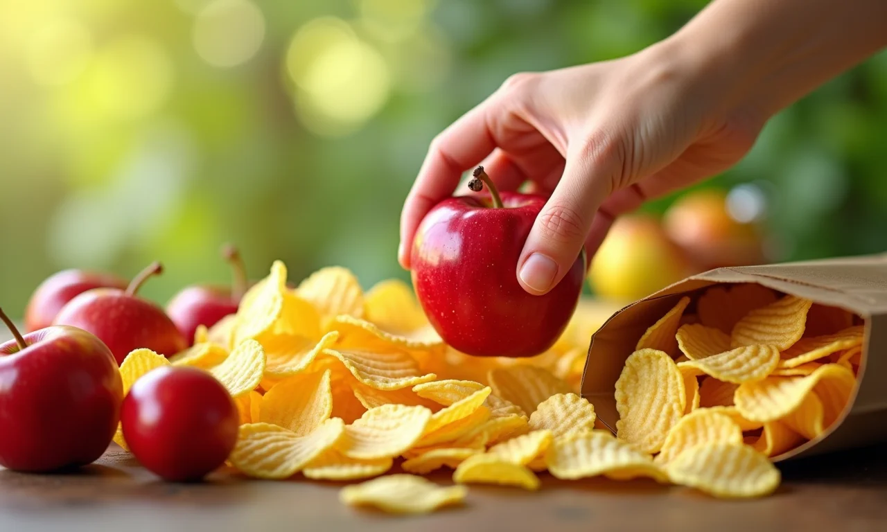 Comparativo de alimentos processados e saudáveis, mão escolhendo maçã.