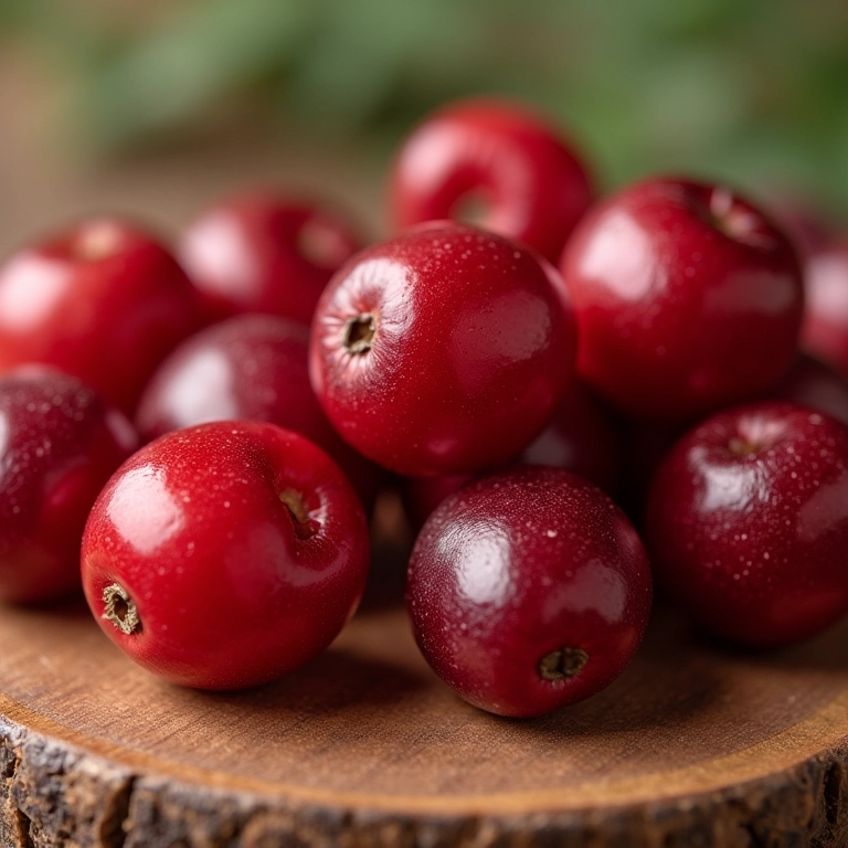 Comparativo de cranberries desidratadas e frescas em tábua de madeira.