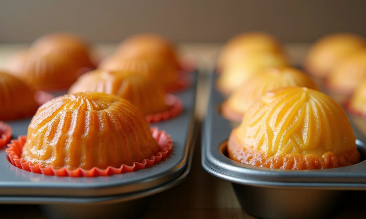 Comparativo de madeleines assadas em formas de silicone e metal.