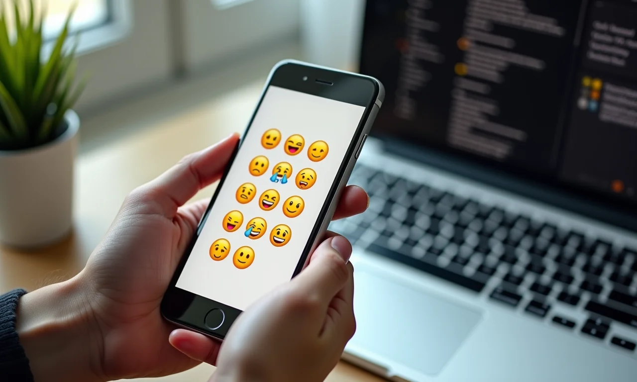 Comparativo entre emojis em smartphone e emoticons de texto no teclado.