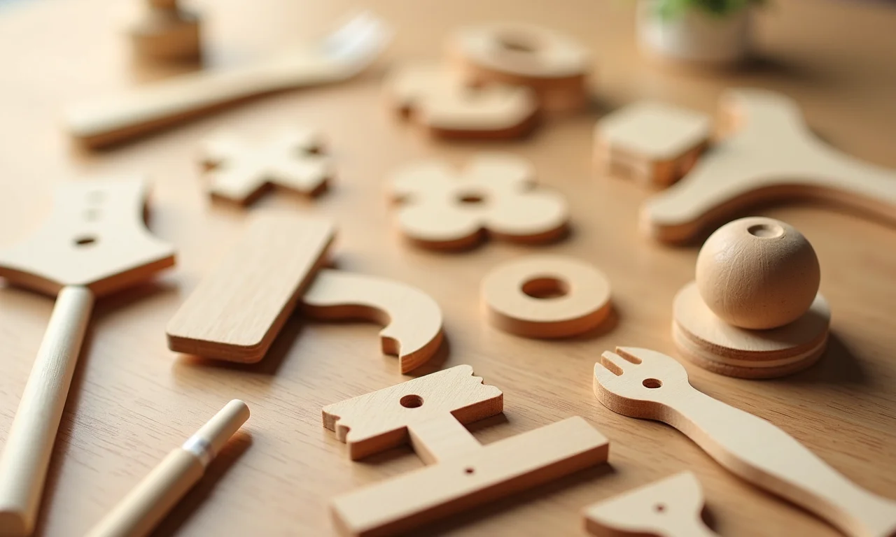 Componentes de kit higiene bebê em MDF sobre mesa de madeira.