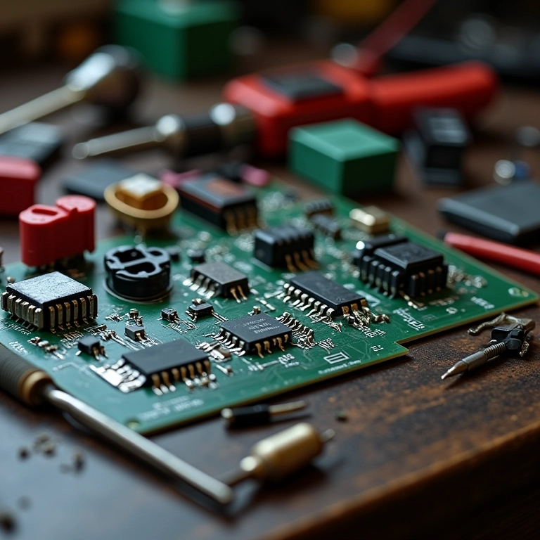 Componentes eletrônicos e ferramentas numa bancada, destacando os materiais necessários para o projeto.