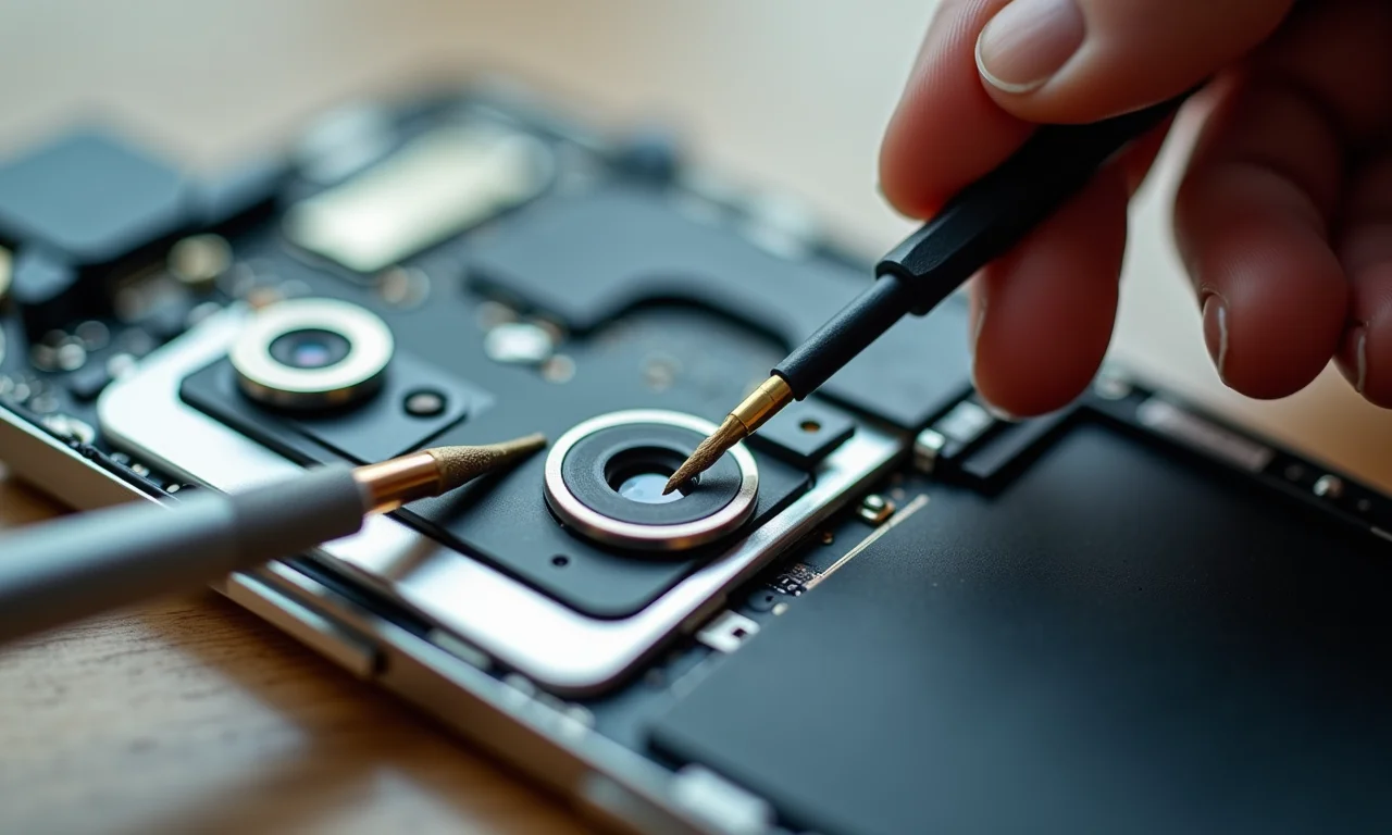 Componentes internos da câmera do celular expostos.