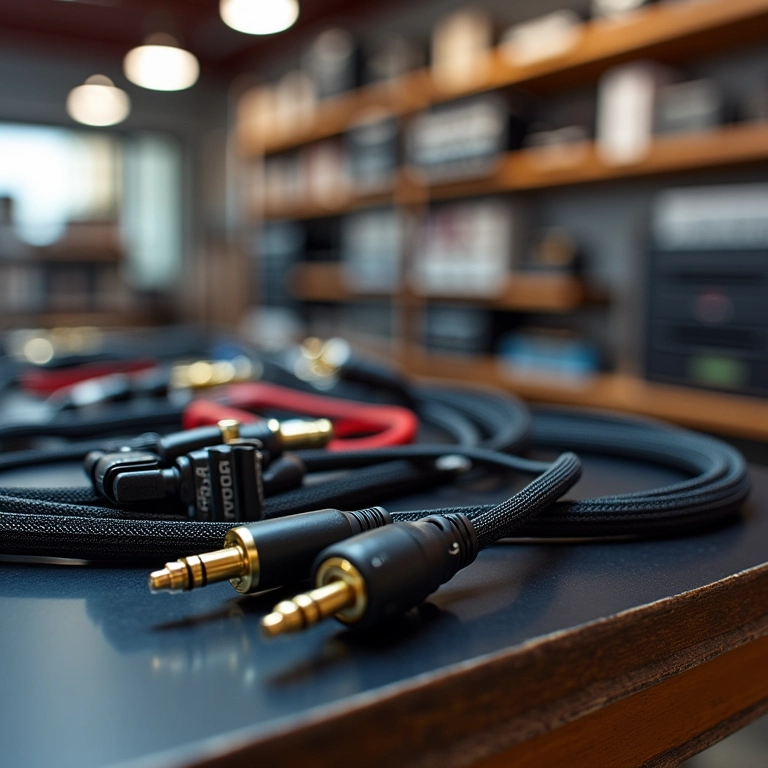 Componentes para cabos de áudio em loja de eletrônicos.